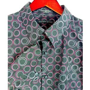 GEOFFREY BEENE Mens XL Long Sleeve Button Down Shirt Circles Pattern Dark‎ Gray